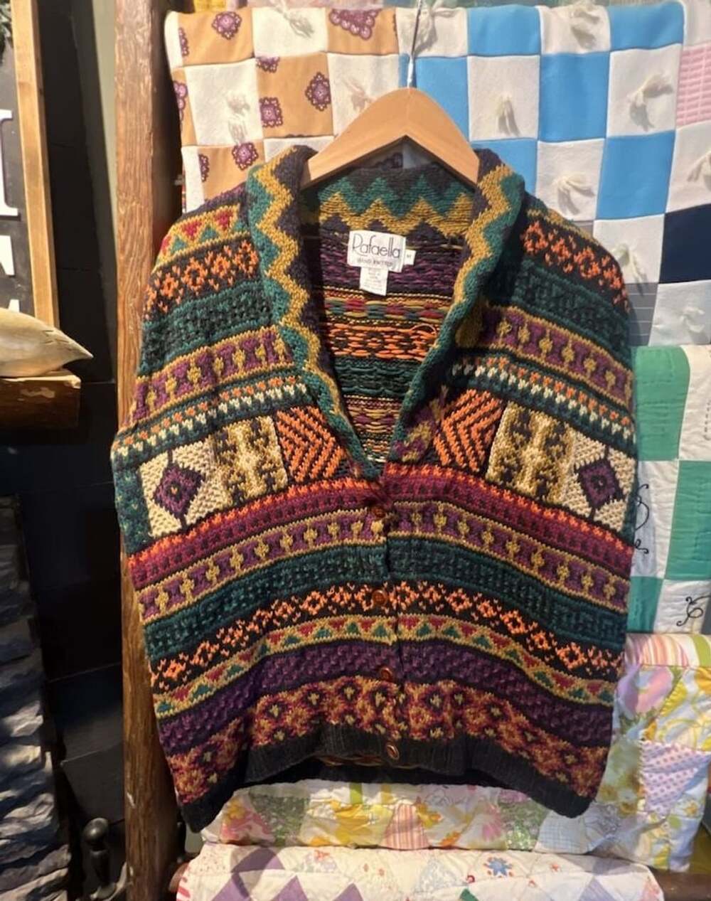 Vintage Rafaella Hand Knitted Cardigan Vest Size M Multicolor Geometric Pattern